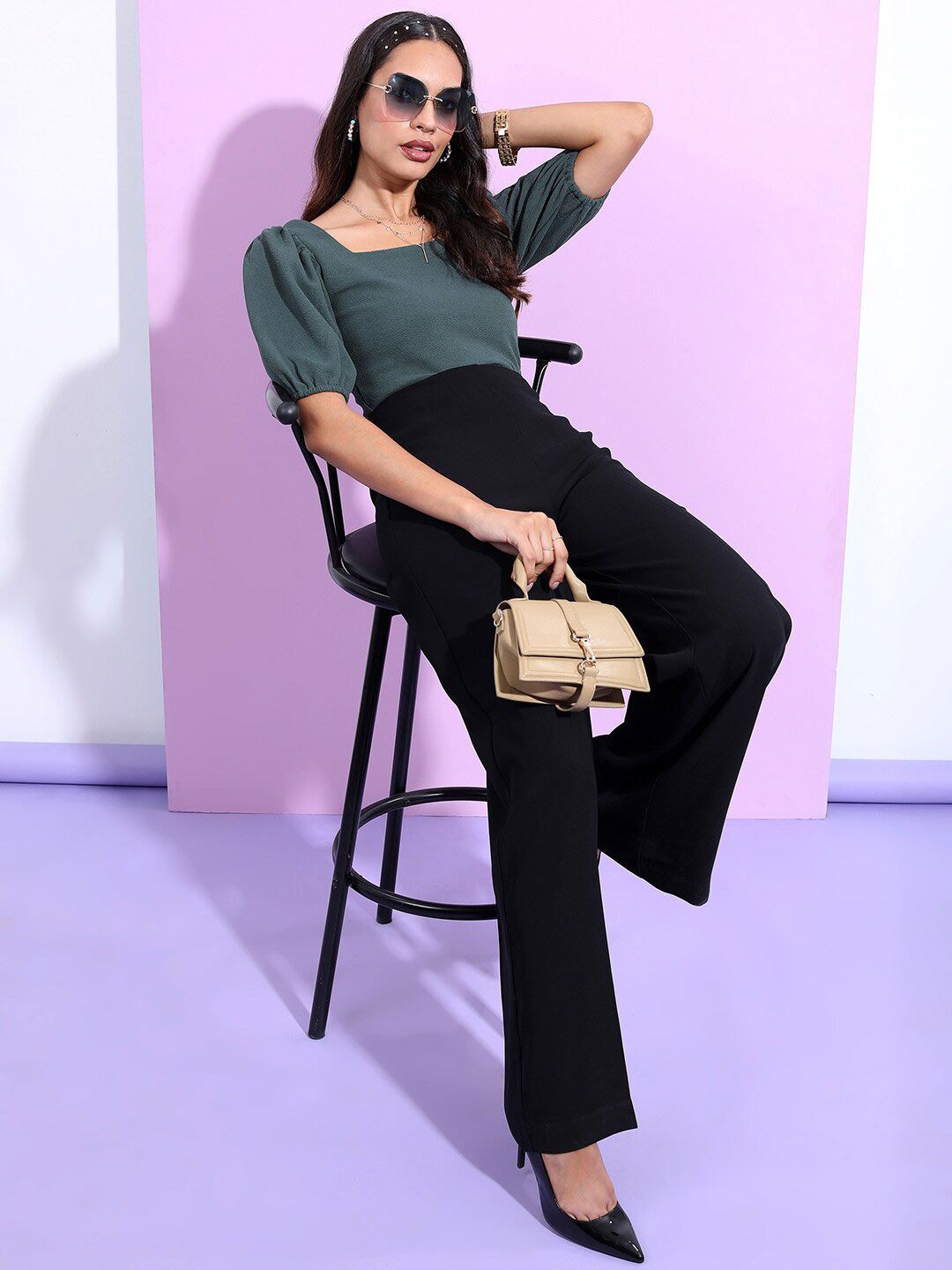 Tokyo Talkies Green Square Neck Puffed Sleeves Crop Top