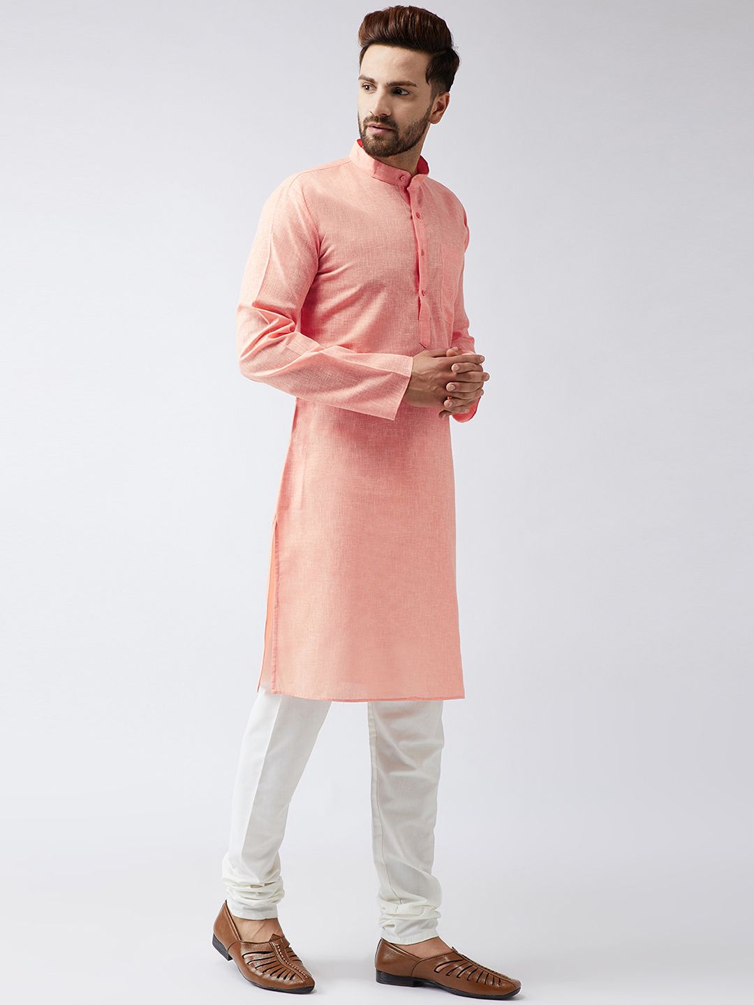 SOJANYA Men Orange & Off-White Solid Kurta with Churidar