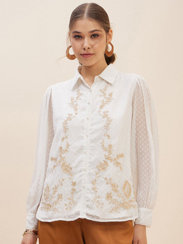 Antheaa White Floral Self Design Cuffed Sleeves Embroidered Detail Shirt Style Top
