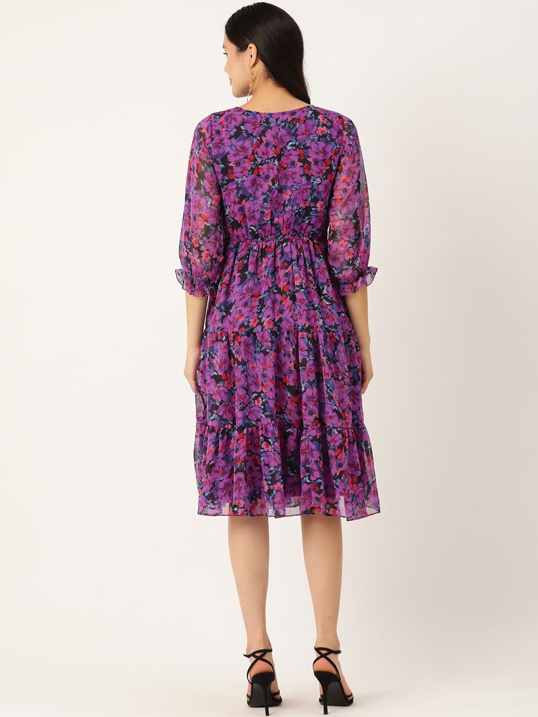 Antheaa Floral Print Tie-Up Neck Puff Sleeve Chiffon A-Line Dress