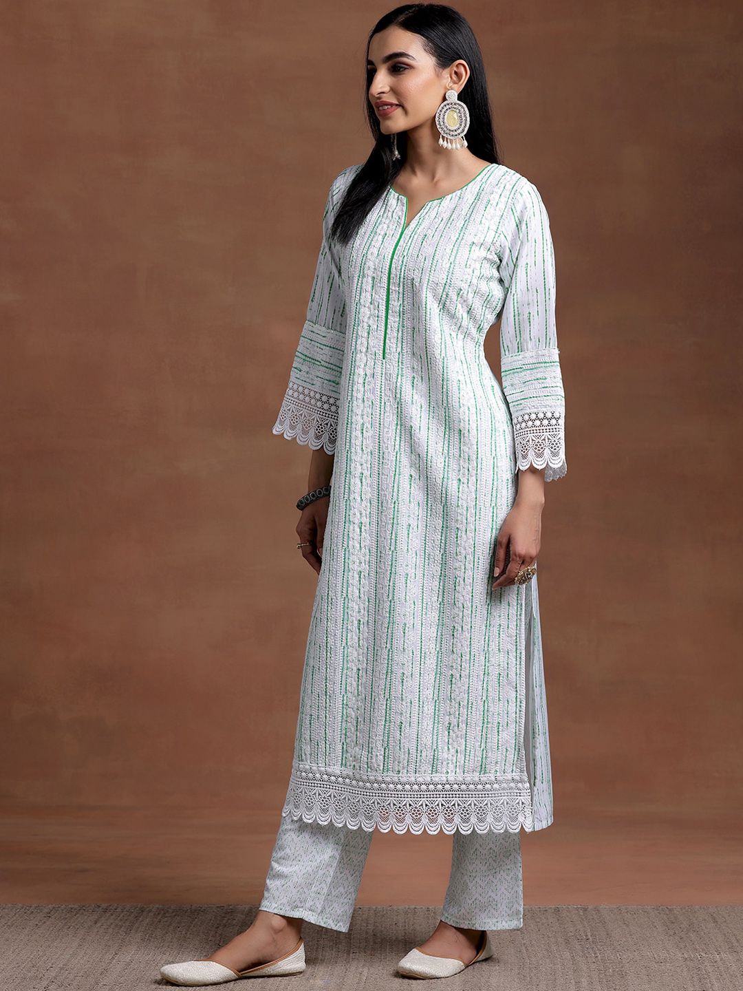 Libas Notched Neck Flared Sleeves Floral Embroidered Straight Kurta with Palazzo & Dupatta