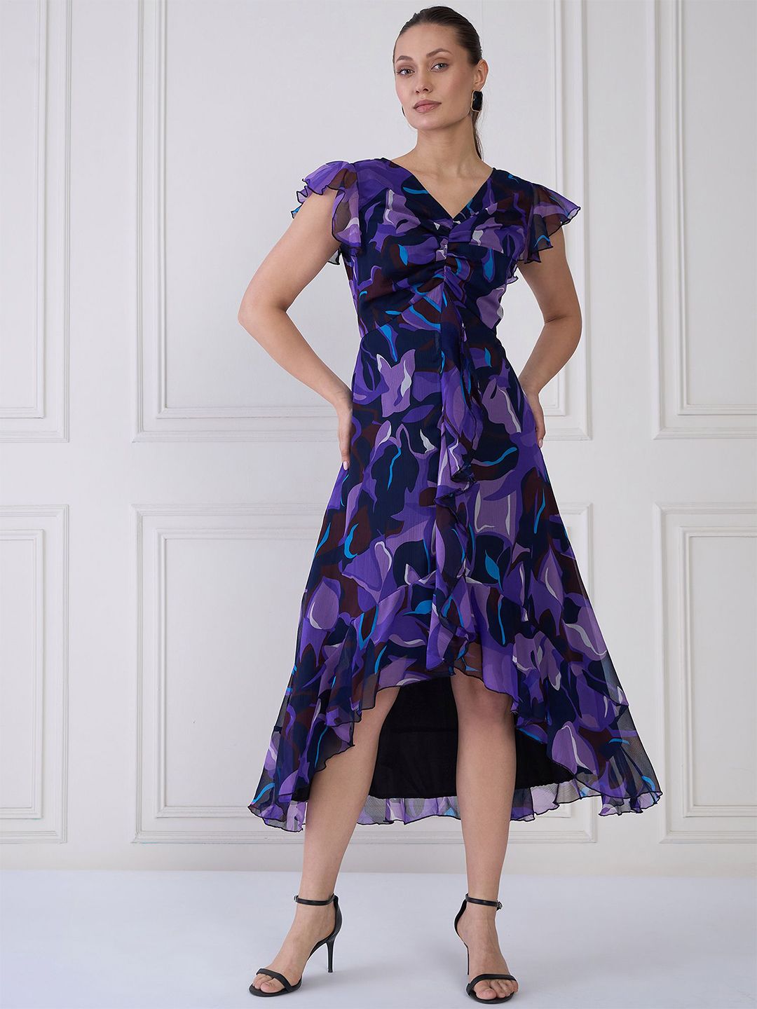 Antheaa Women Floral Print Flutter Sleeve Fit & Flare Midi Dress