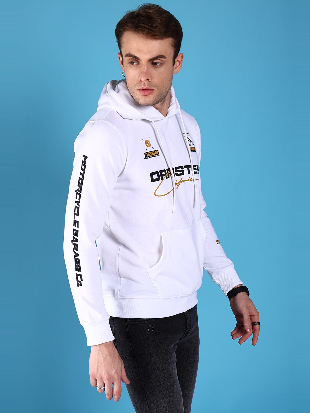 The Indian Garage Co Men White & Black Printed Hooded Sweatshirt