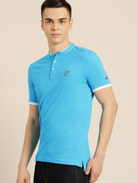 Menjadi T-Shirt Lelaki Mandarin Mandarin Biru T-shirt Slim Cotton Fit dengan Cetakan Logo Jenama