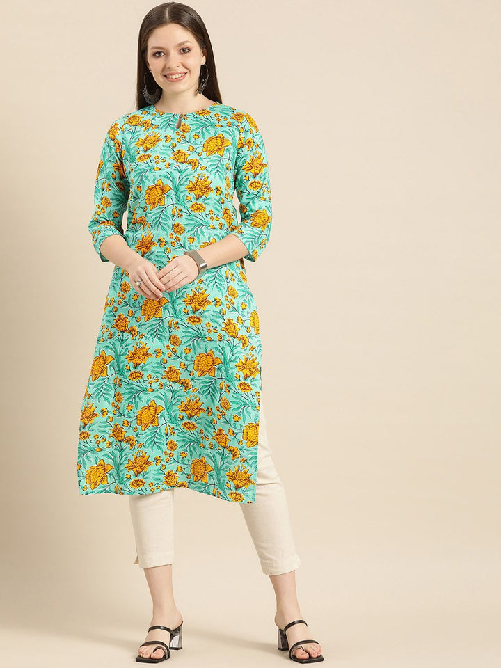 Anouk Women Sea Green & Yellow Floral Printed Keyhole Neck Pure Cotton Kurta