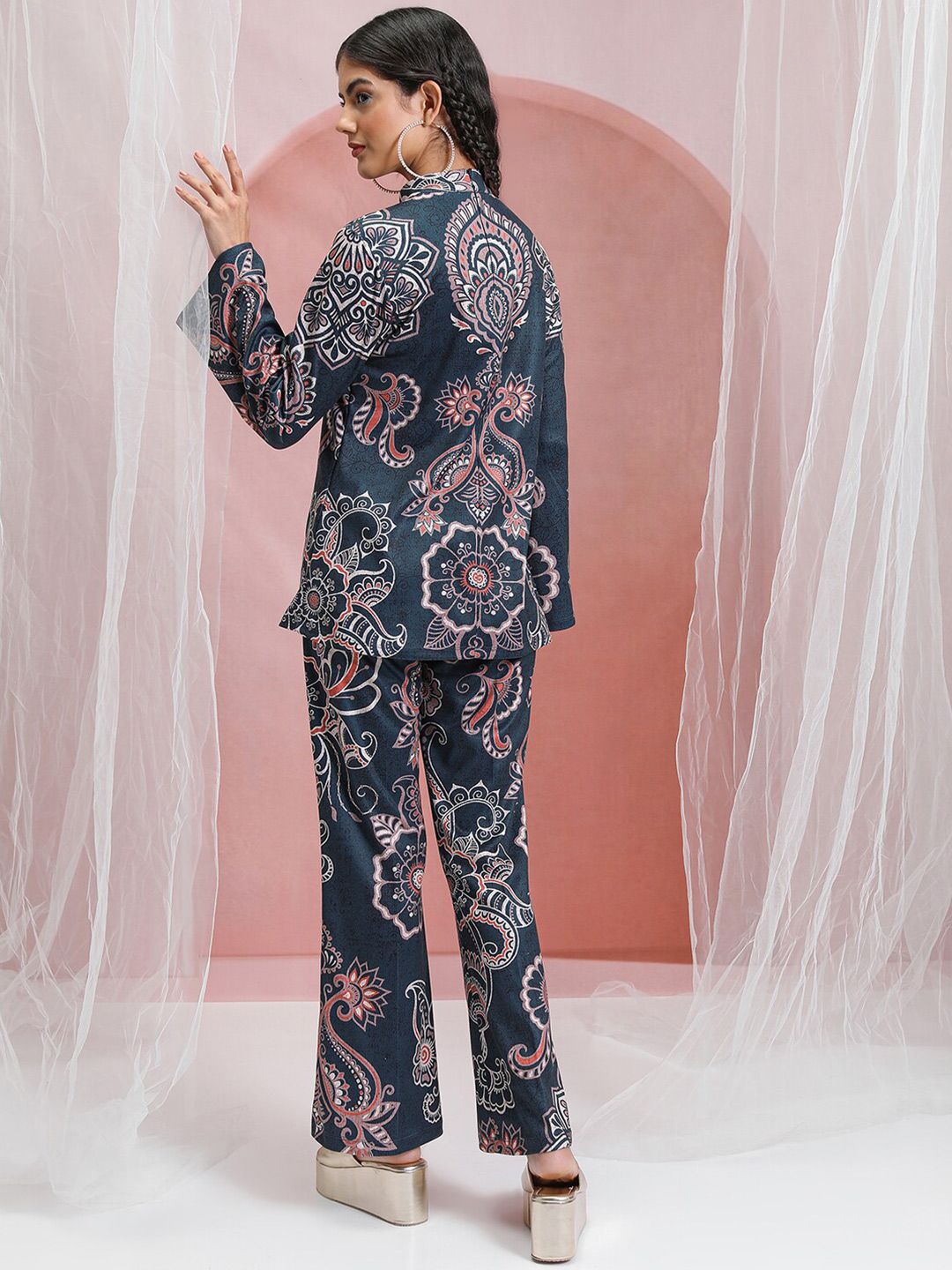 Vishudh Blue Printed High Neck Tunic With Flared Trouser