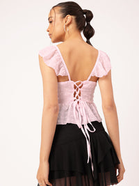 DressBerry Pastel Dreams Dobby Weave Ruffled Sleeves Back Lace-Up Peplum Top