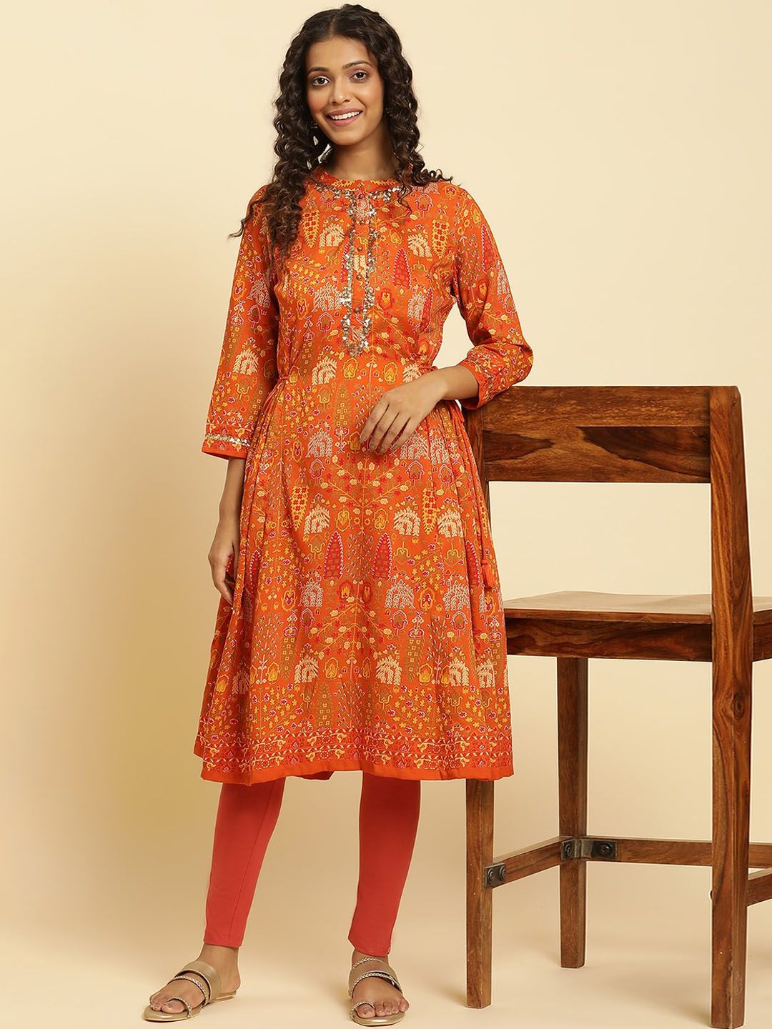 W Orange Ethnic Motifs Printed Mandarin Collar Sequinned Kurta