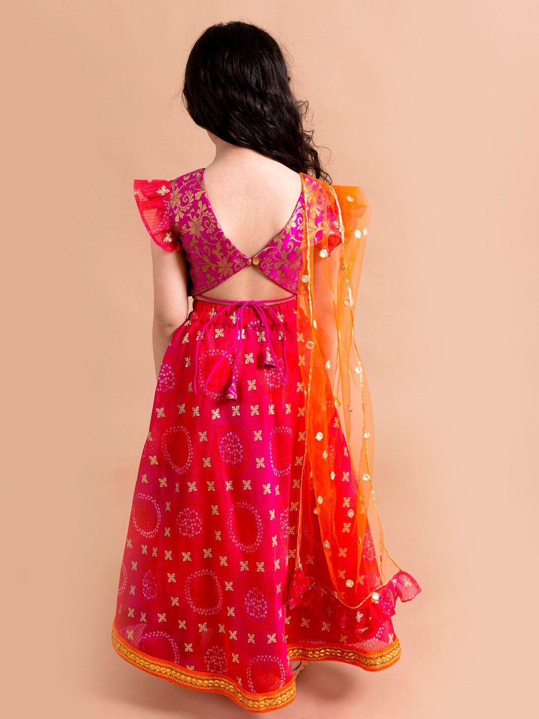 pspeaches Girls Pink & Orange Ready to Wear Lehenga & Blouse With Dupatta