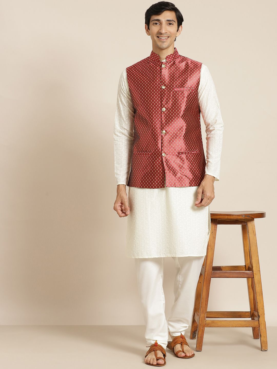 SOJANYA Men Cream-Coloured Chikankari Pure Cotton Kurta with Churidar & Nehru Jacket