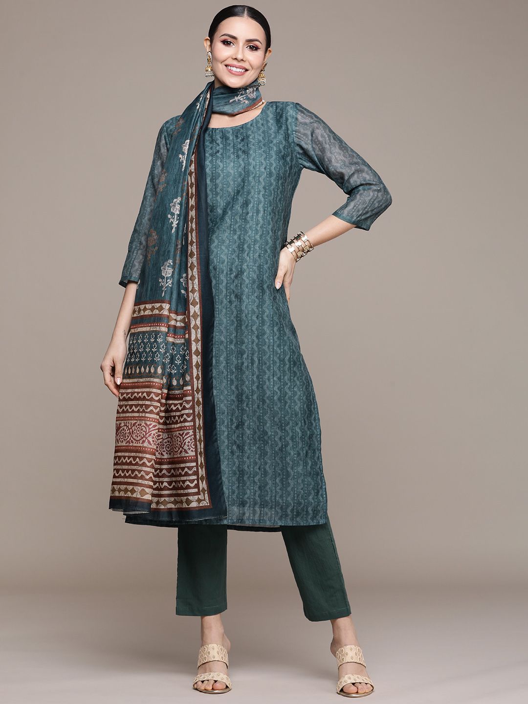 Anouk Women Teal Printed Regular Kurta with Trousers