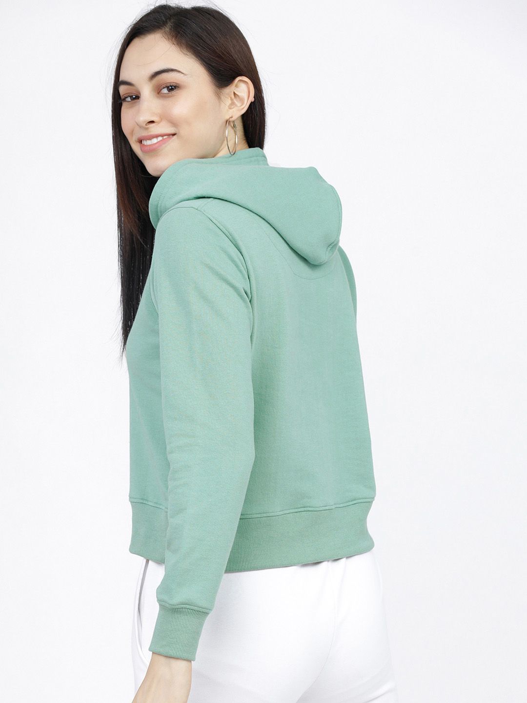 Tokyo Talkies Women Green & White Printed Hooded Sweatshirt