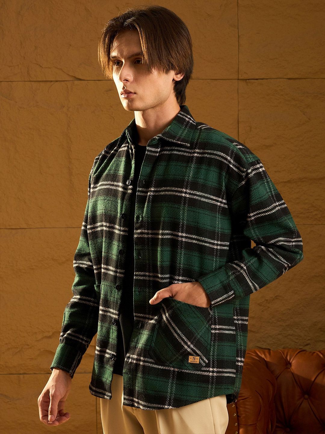DENNISON Men Double Pocket Drop Shoulder Oversized Cotton Checked Shacket