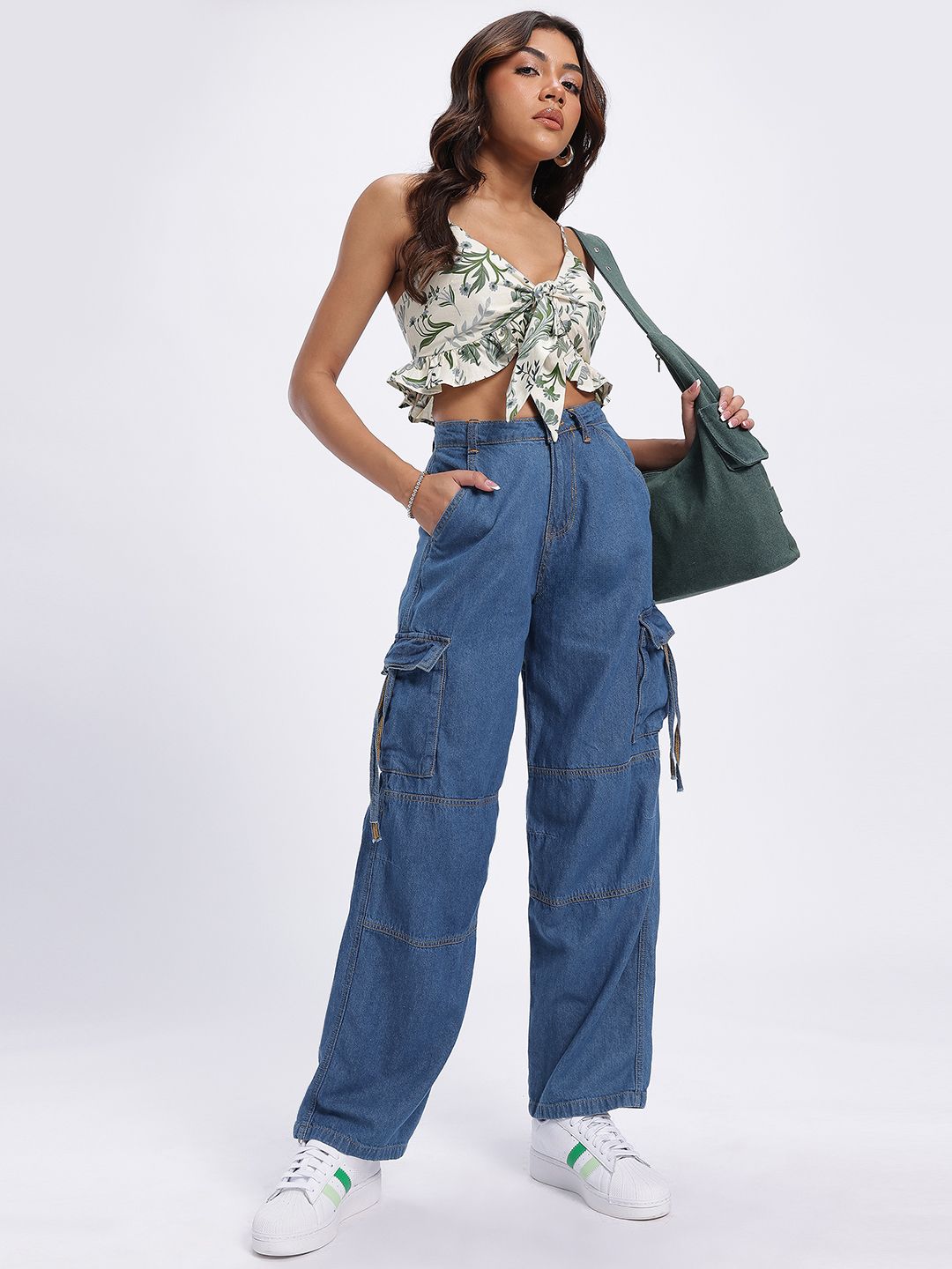 DressBerry Women Panelled Cargo-Style Baggy Jeans