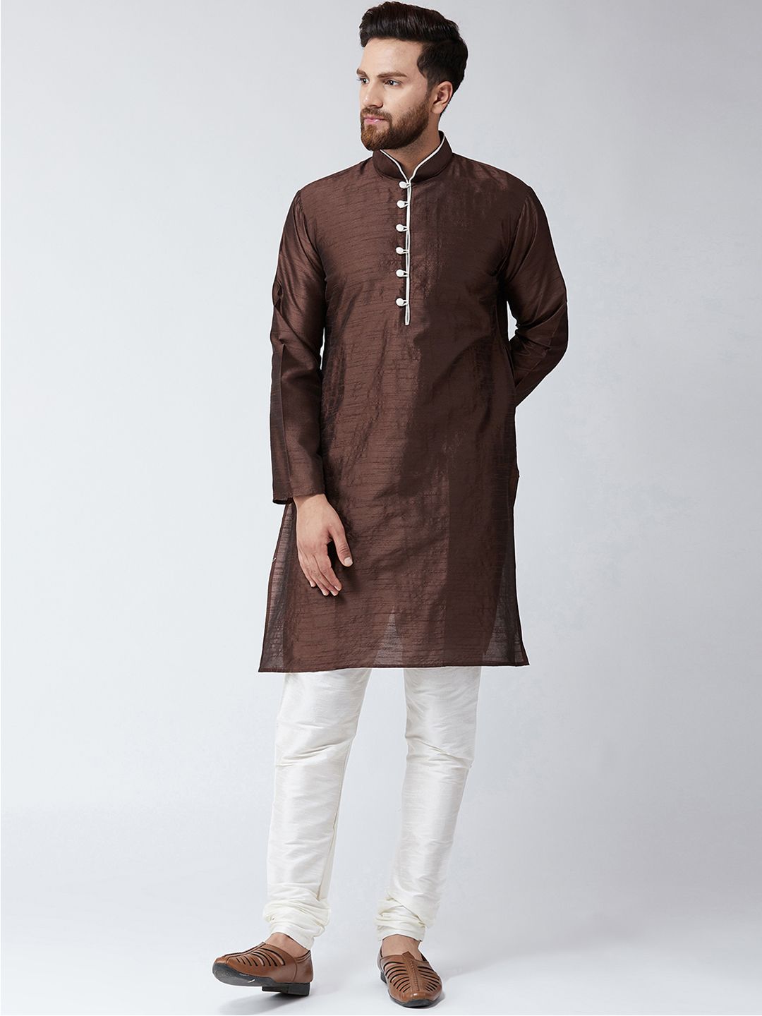 SOJANYA Men Brown Woven Design Straight Kurta