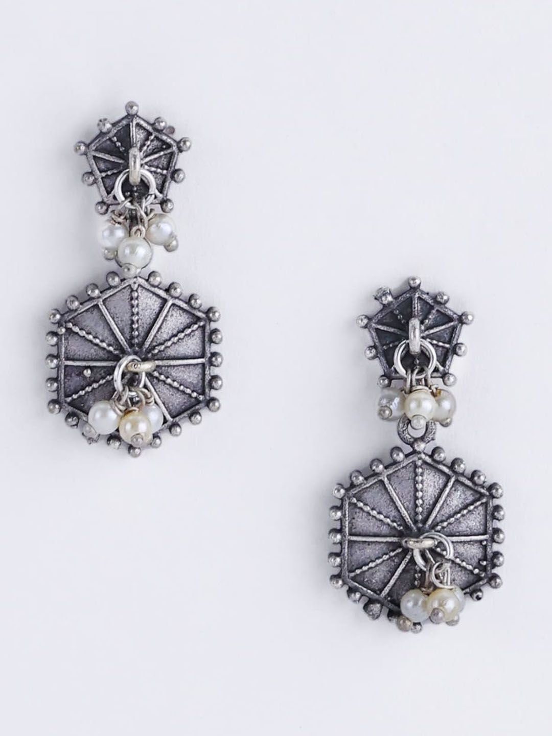 PANASH Silver-Plated Oxidised Pearls Drop Earrings