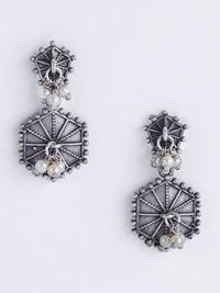 PANASH Silver-Plated Oxidised Pearls Drop Earrings