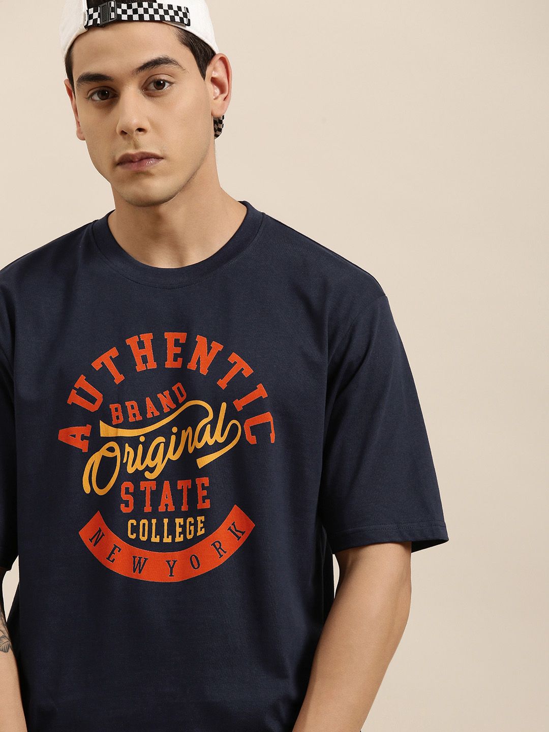 DILLINGER Men Navy Blue Typography Printed Pure Cotton Oversized T-shirt