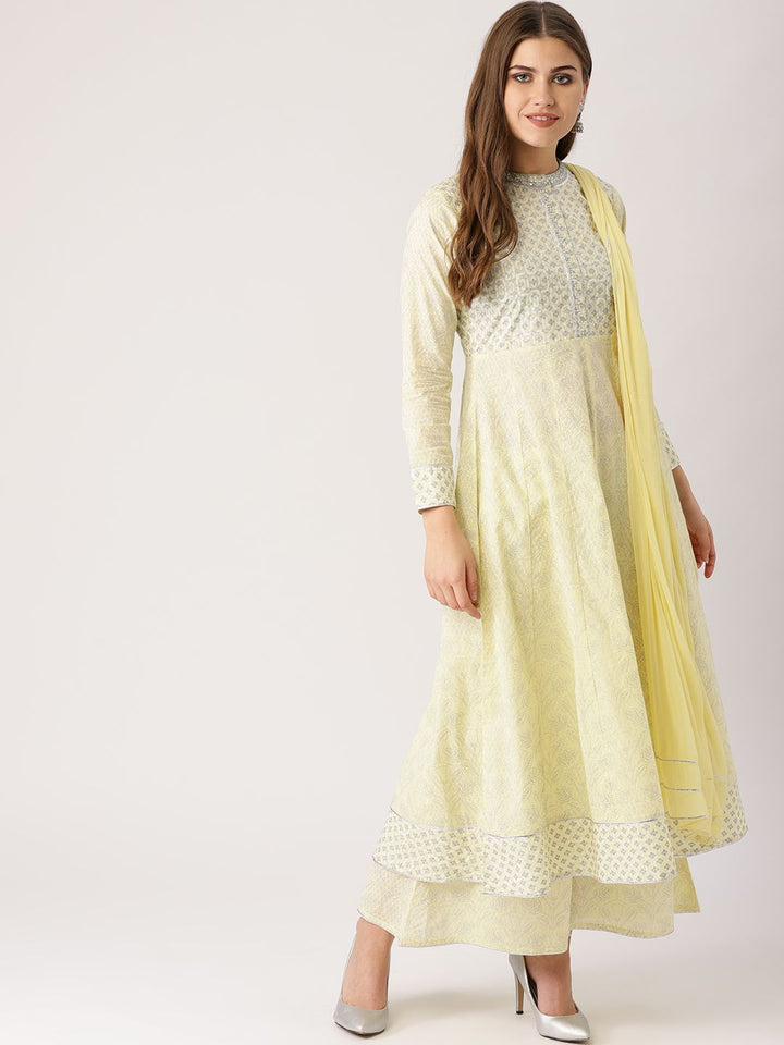 Libas Women Yellow & White Printed Kurta with Palazzos & Dupatta