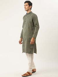 SOJANYA Kurta Motif Etnik Hijau & Putih Lelaki dengan Jaket Churidar & Nehru