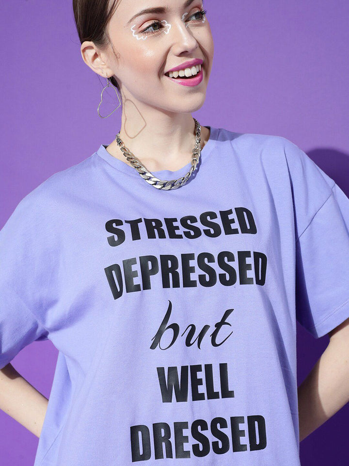 STREET 9 Women Lavender Typography Printed Oversize T-shirt