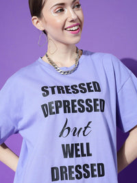 STREET 9 Women Lavender Typography Printed Oversize T-shirt