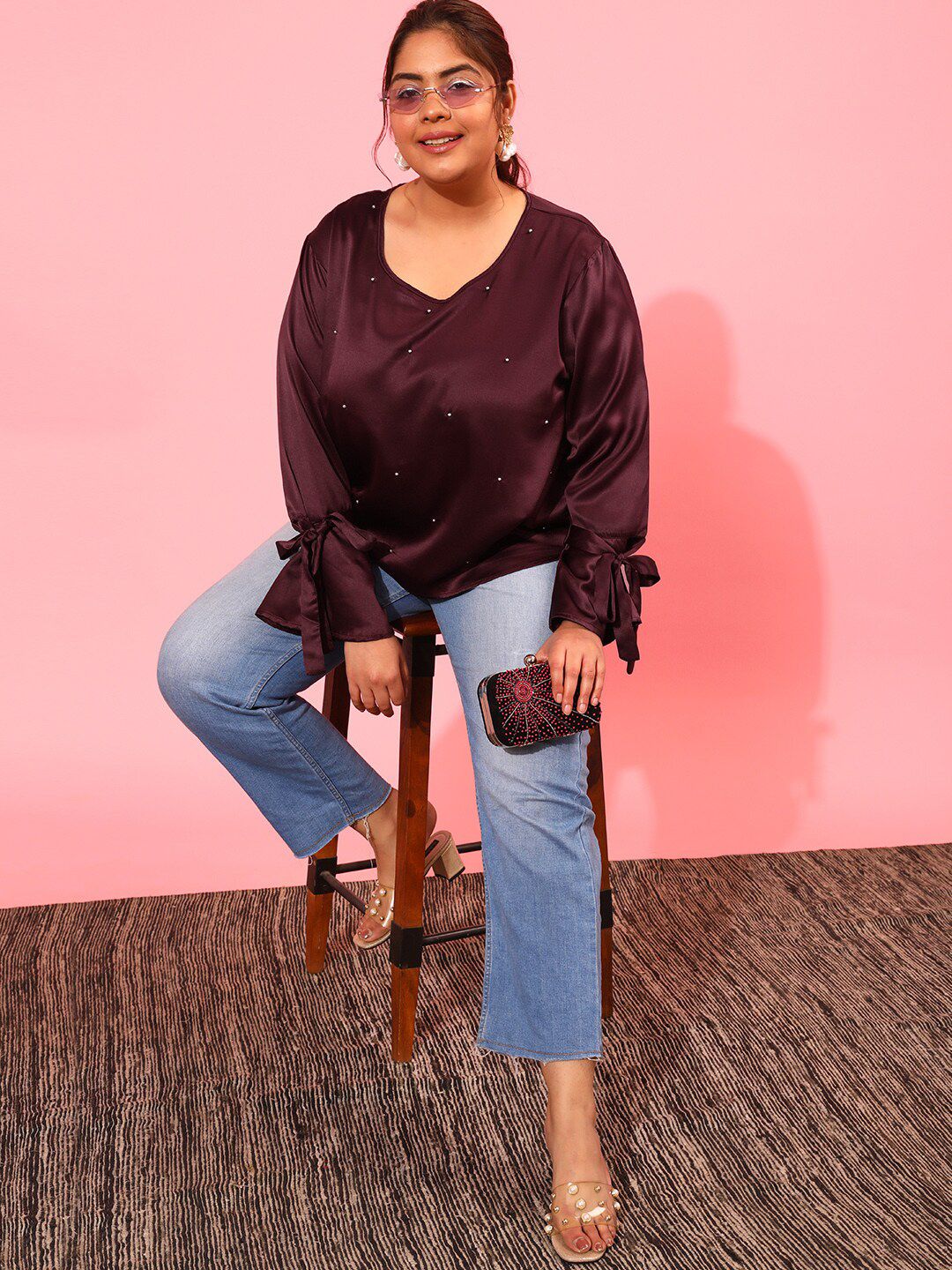 CURVY STREET Pearl Embellished Satin Top