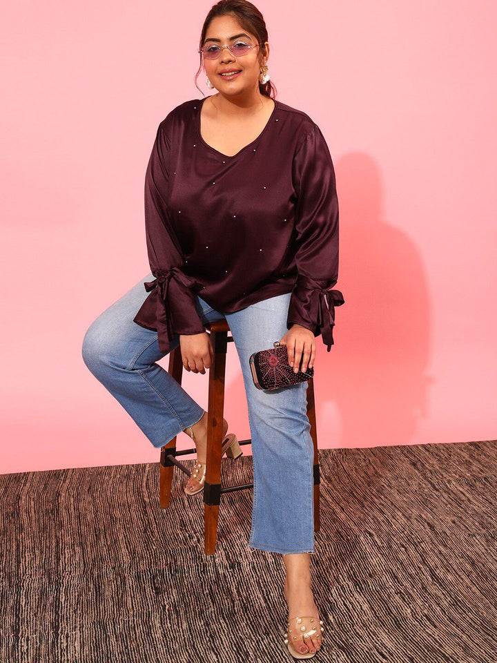 CURVY STREET Pearl Embellished Satin Top