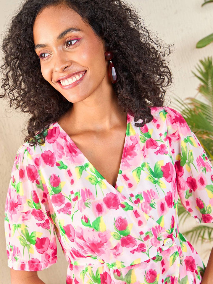 SASSAFRAS Pink Floral Printed Georgette Peplum Top