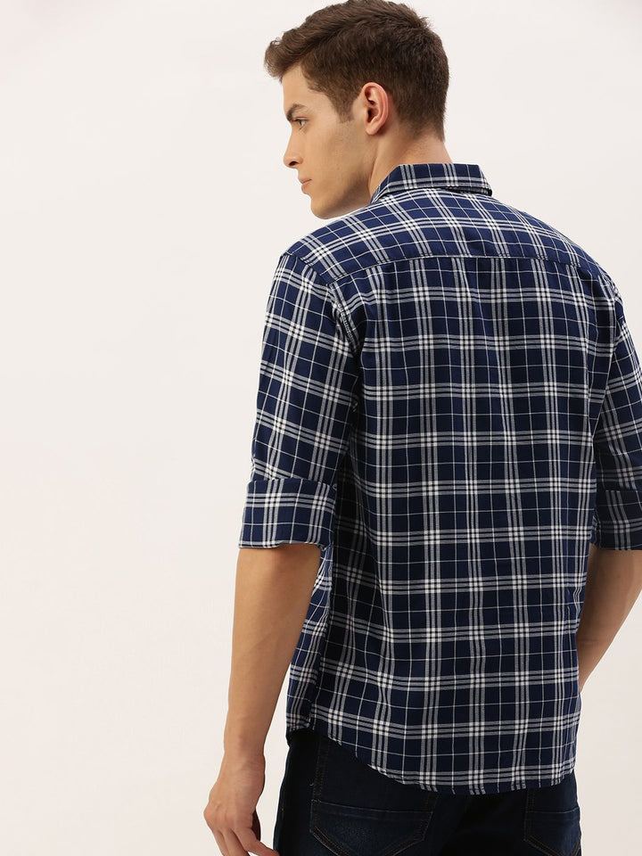 The Indian Garage Co Men Navy Blue & White Slim Fit Checked Casual Shirt