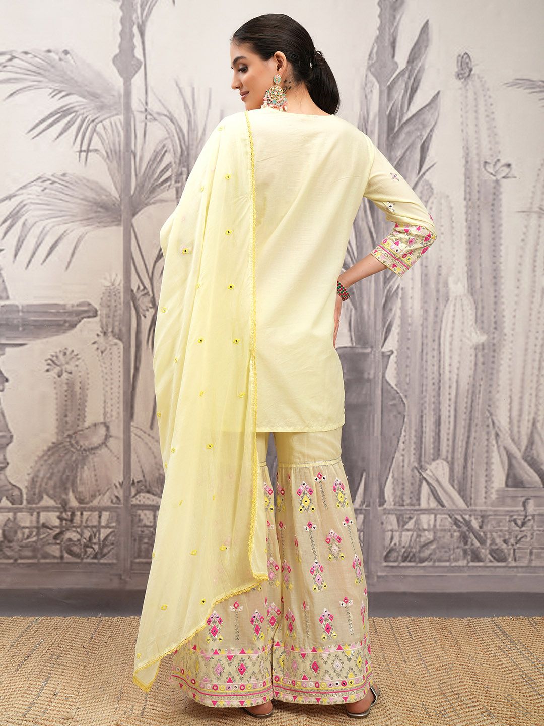 Vishudh Yellow Tie-Up Neck Ethnic Motifs Printed Pure Cotton Straight Kurti Set