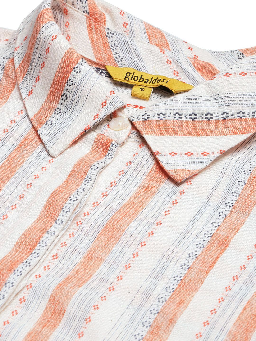 Global Desi Coral & White Shirt Collar Striped Tunic