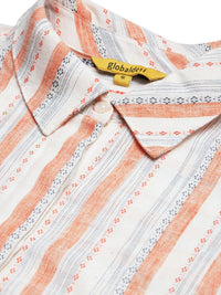 Global Desi Coral & White Shirt Collar Striped Tunic