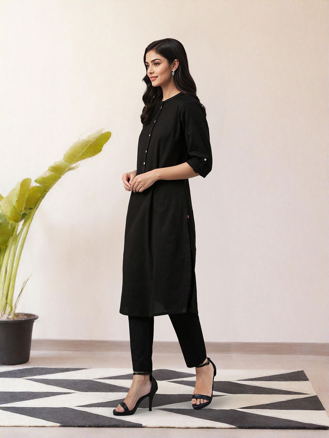W Women Black Solid Mandarin Collar Cotton Kurta