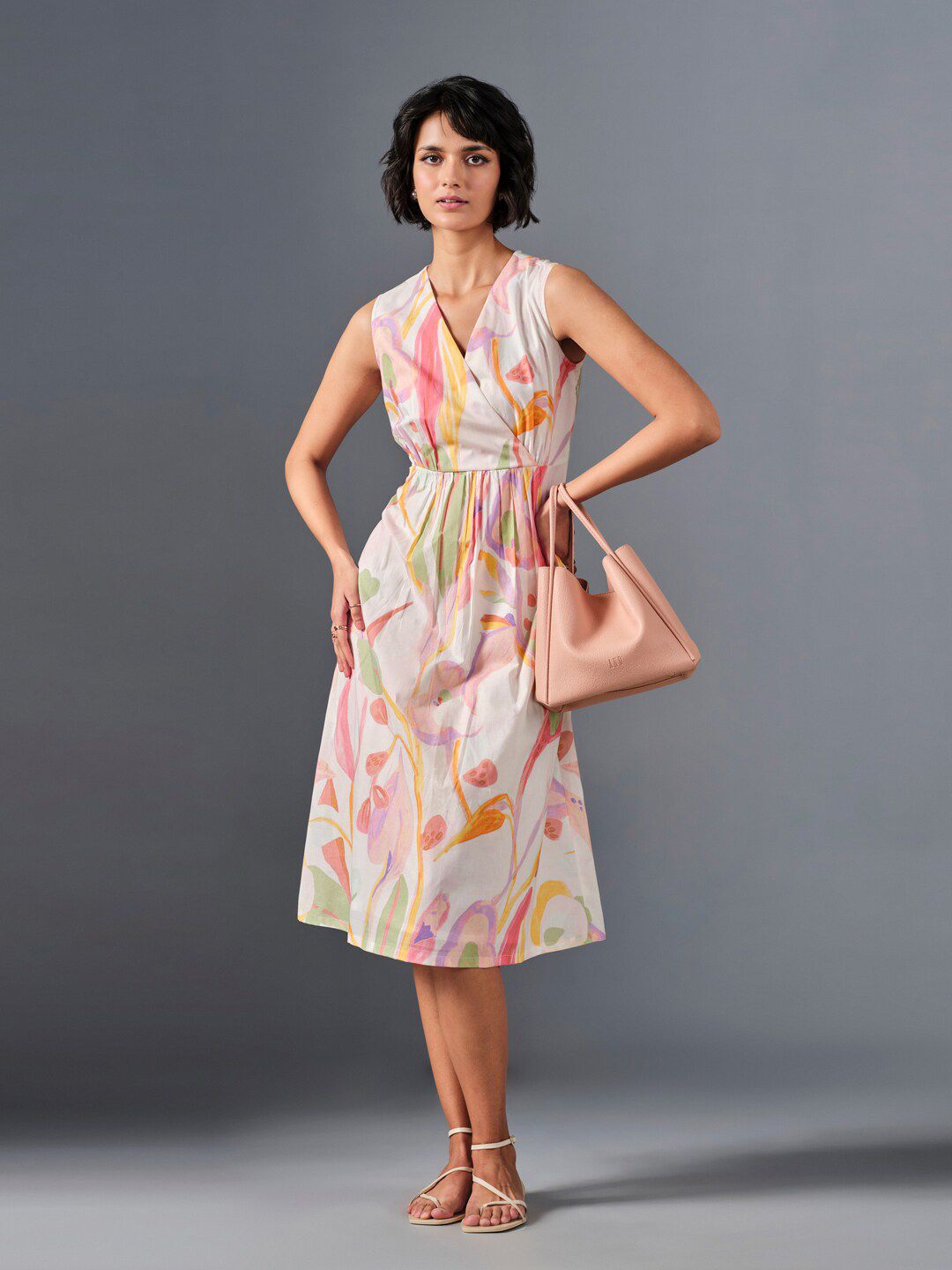 AND Floral Printed V-Neck Gathered Cotton A-Line Dress