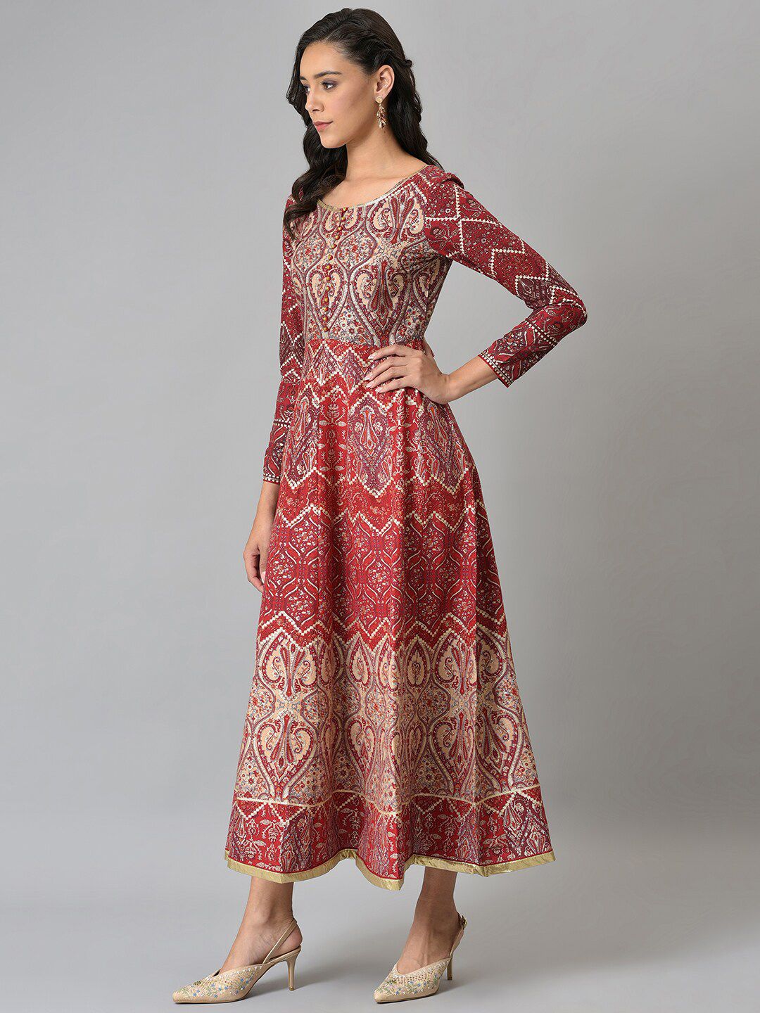W Maroon & Beige Ethnic Motifs Chiffon Ethnic Maxi Dress