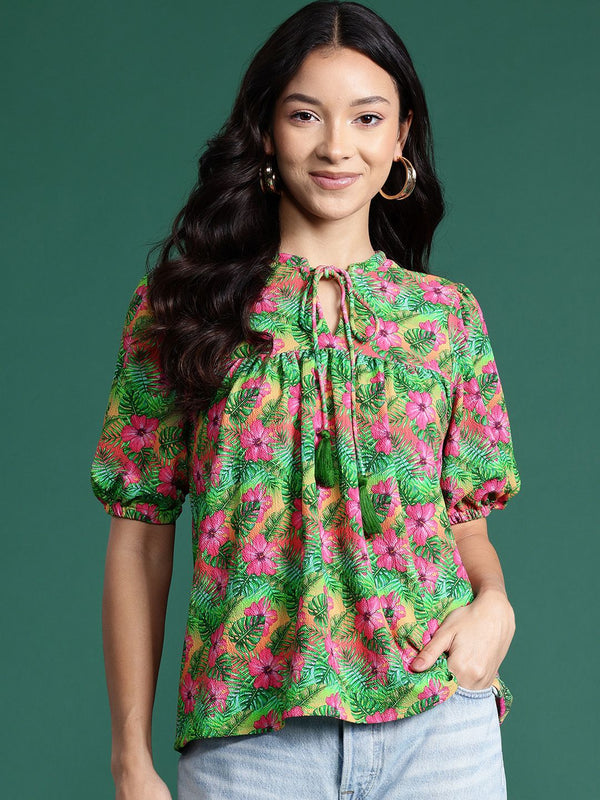 DressBerry Tropical Print Tie-Up Neck Puff Sleeves Empire Top