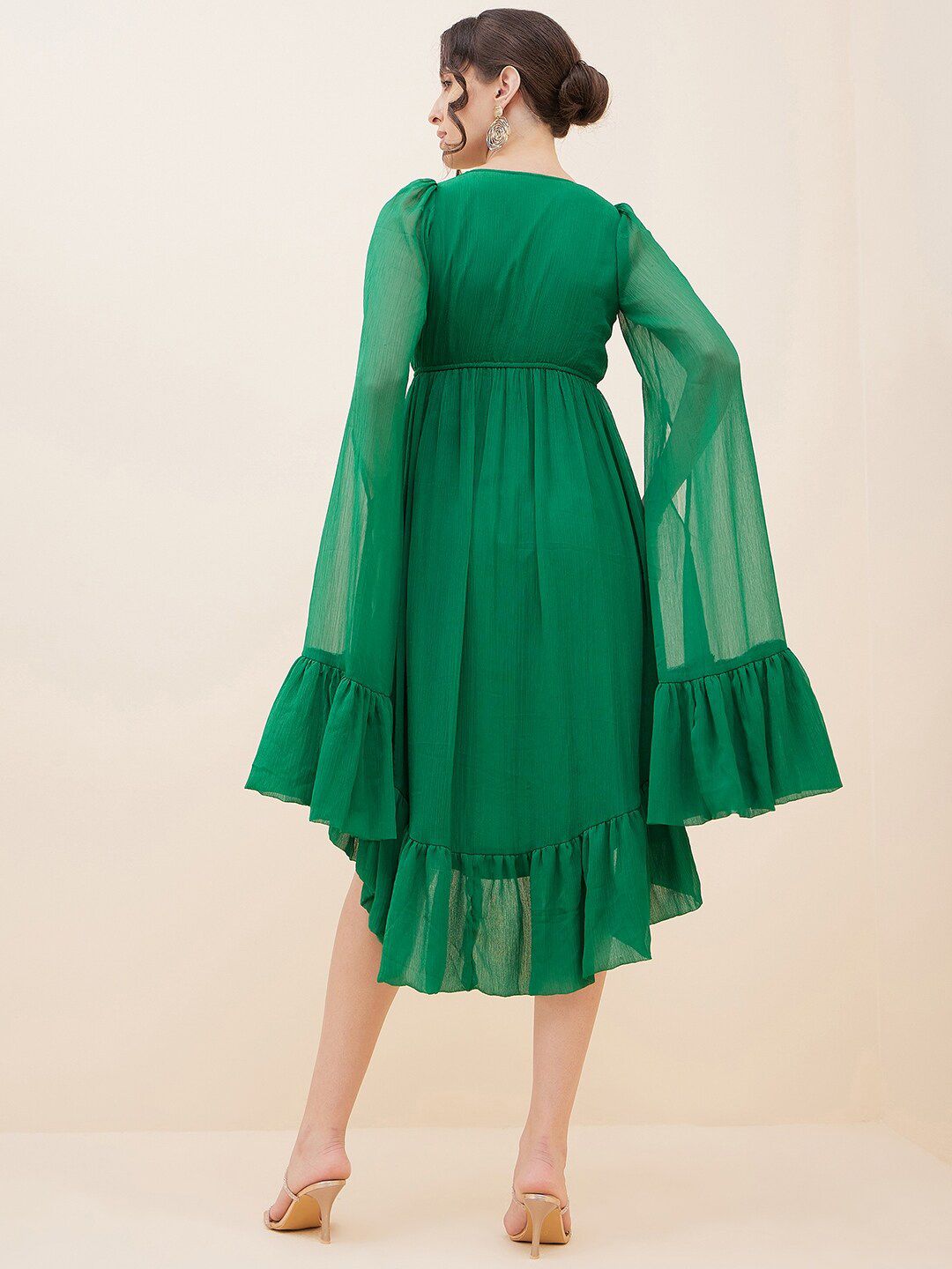 Antheaa Embellished Tie-Up Neck Bell Sleeves Empire Midi Dress