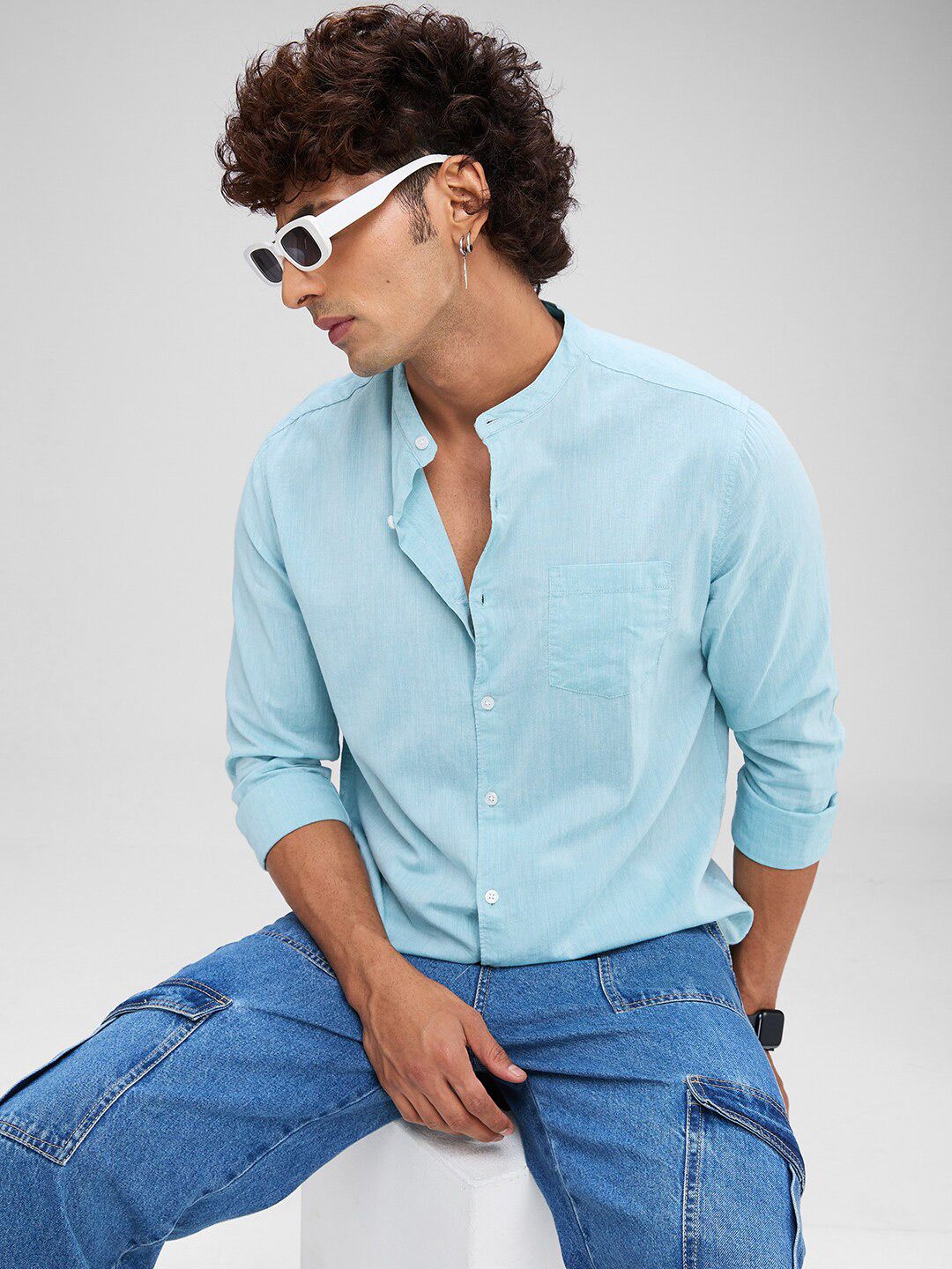 VASTRADO Classic Slim Fit Mandarin Collar Cotton Casual Shirt