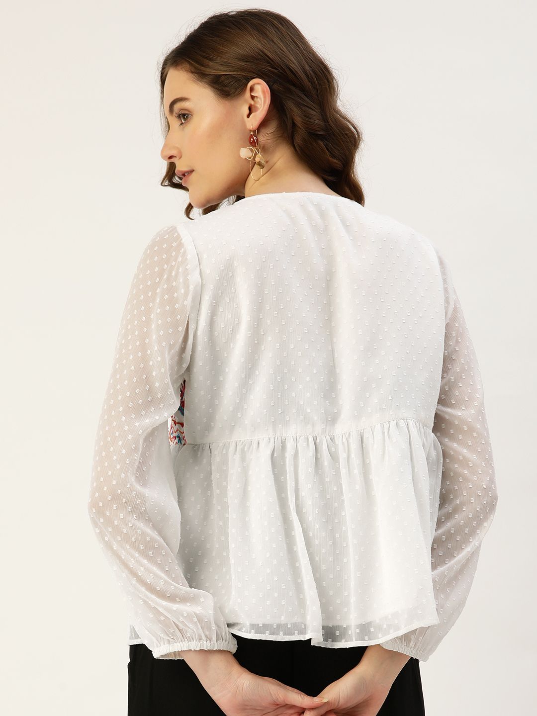 Antheaa Women Off White & Pink Printed Embroidered Tie-Up Shrug
