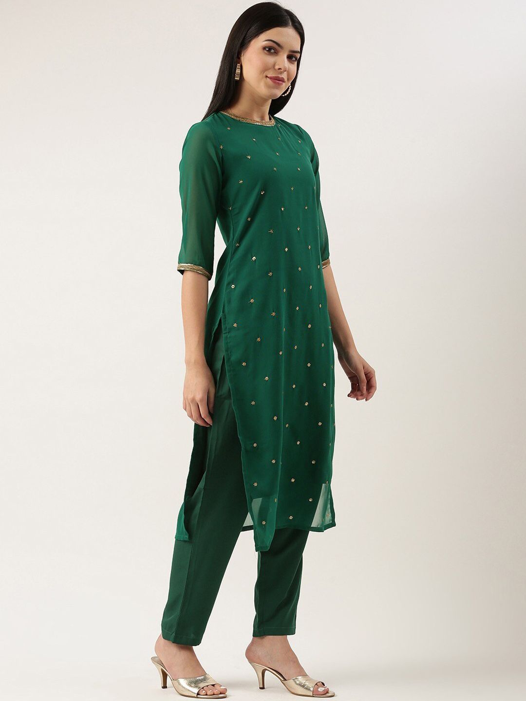 KALINI Embroidered Sequinned Straight Kurta & Trousers