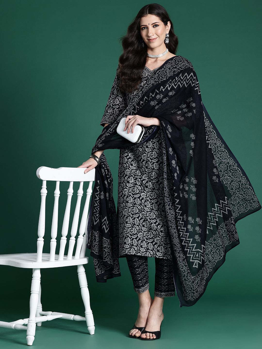 Indo Era Women Ethnic Motifs Printed Regular Pure Cotton Kurta with Trousers & With Dupatta