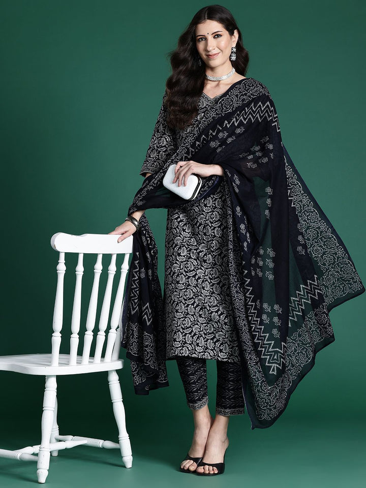 Indo Era Women Ethnic Motifs Printed Regular Pure Cotton Kurta with Trousers & With Dupatta