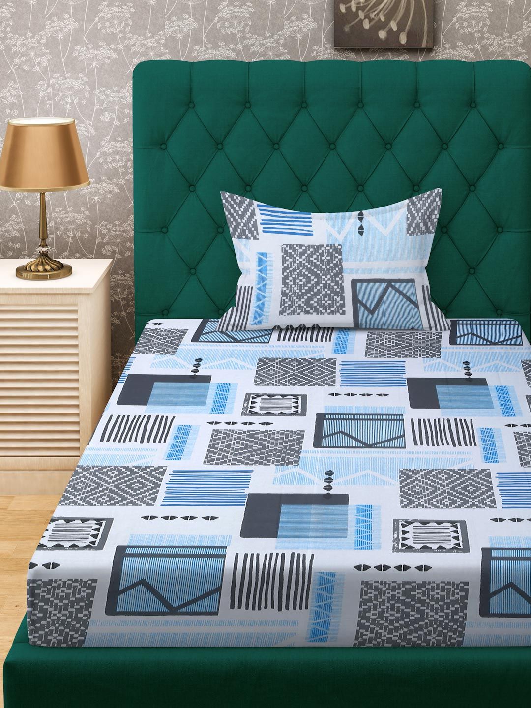 KLOTTHE Blue Geometric Printed Pure Cotton 400 TC Single Cadar Dengan Sarung Bantal