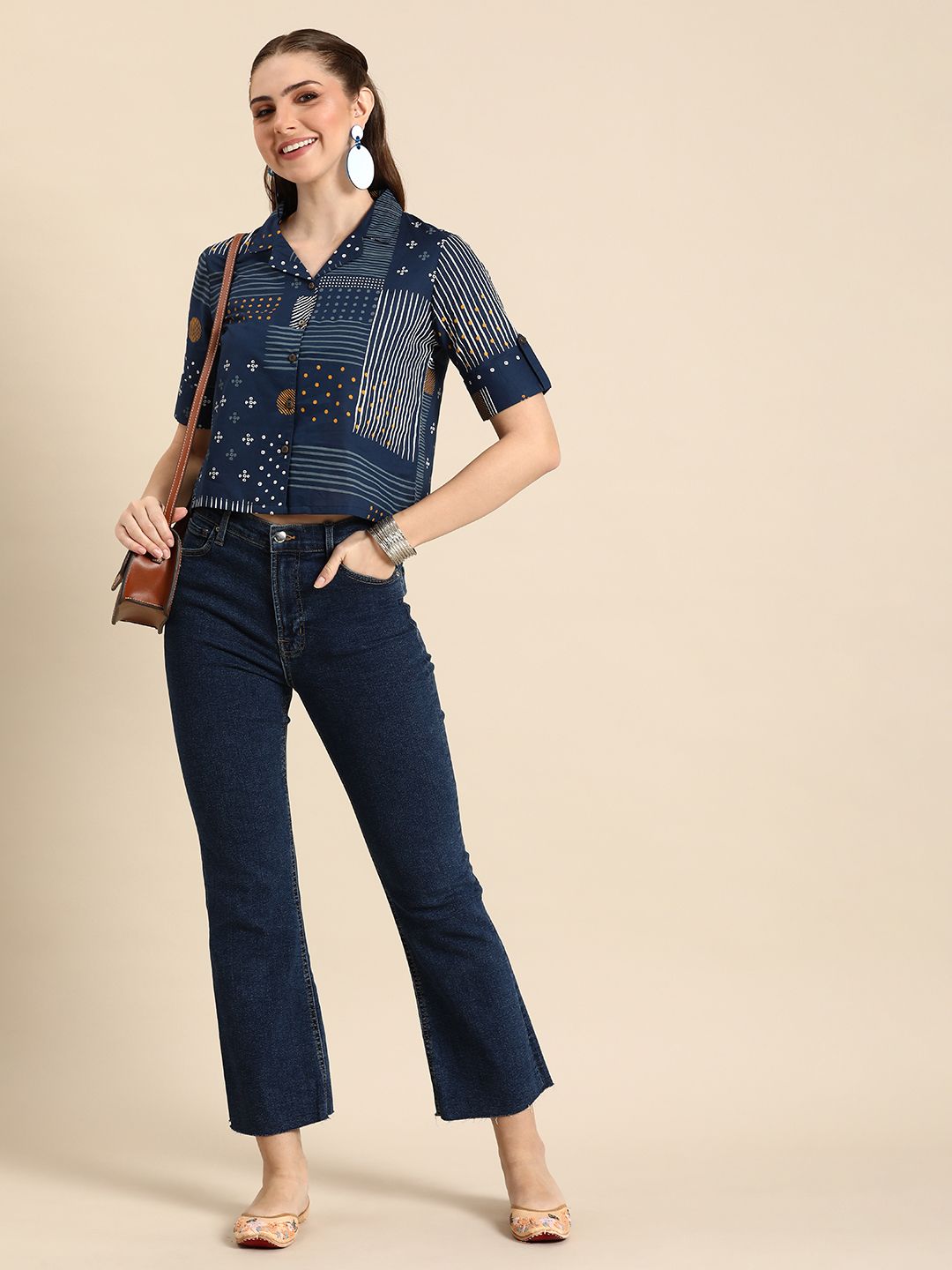 Anouk Geometric Print Roll-Up Sleeves Cotton Shirt Style Crop Top