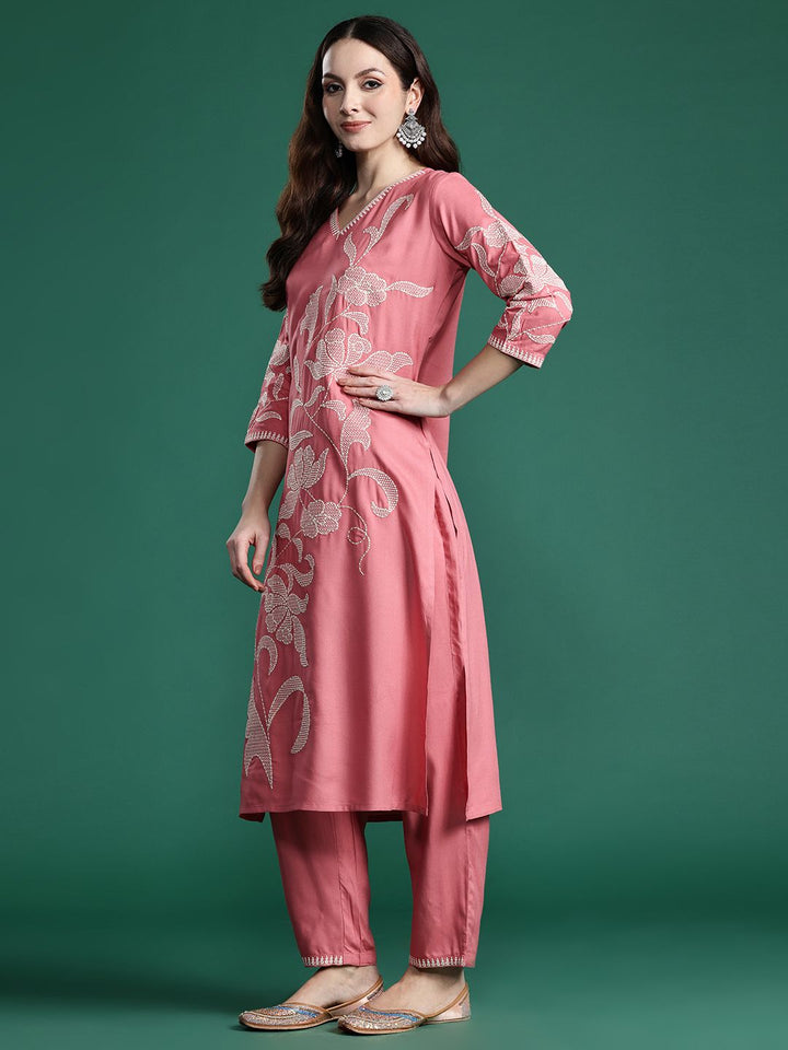 Indo Era Floral Embroidered Sequinned Pure Cotton Kurta with Trousers