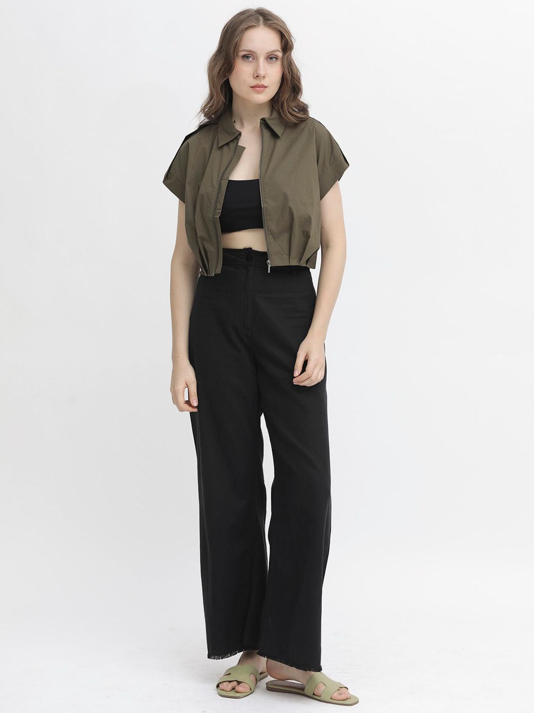 RAREISM Shirt Collar Extended Sleeves Crop Shirt Style Cotton Top