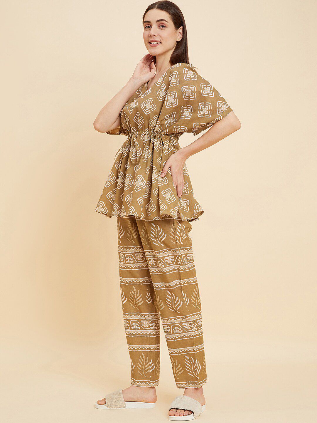 Sweet Dreams Brown & White Ethnic Motifs Printed Pure Cotton Night suit