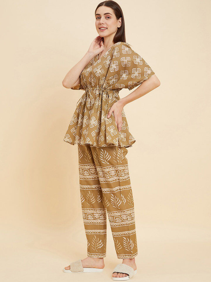 Sweet Dreams Brown & White Ethnic Motifs Printed Pure Cotton Night suit