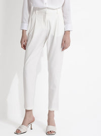 RAREISM Women Comfort Tapered Fit High-Rise Pleated Cotton Peg Formal Trousers